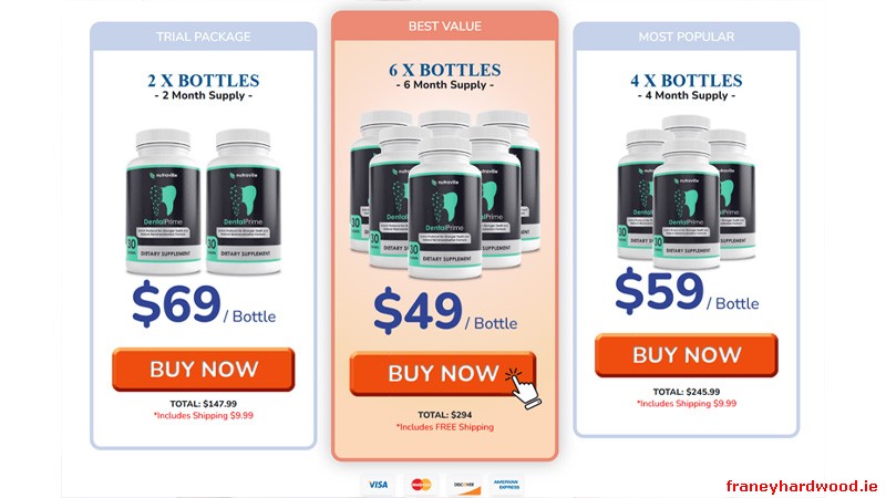 DentalPrime offers bundle pricing that lowers the daily cost, with the best value on multi-bottle packages for long-term use.