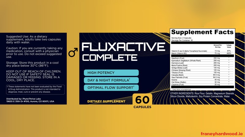 FluxActive Complete blends saw palmetto, ginseng, ginkgo, cayenne, hawthorn, vitamin E, and catuaba for prostate, circulation, and vitality support.