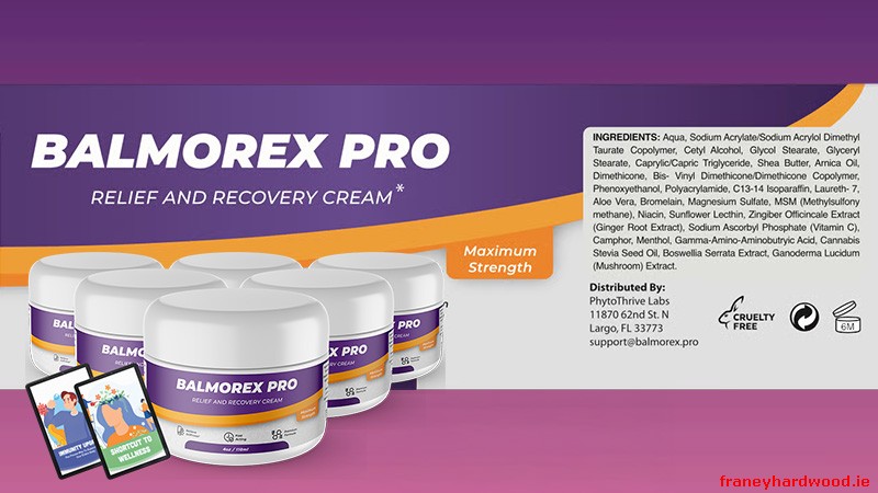 Graphic showing Balmorex Pro ingredients like Boswellia, Ginger, and Hemp Seed Oil.