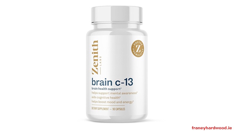 Brain C-13 bottle with label showcasing ingredients aimed at improving mental clarity and focus