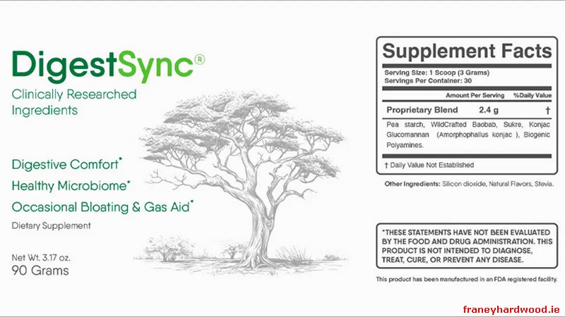 Supplement facts panel of DigestSync, listing the ingredients and their respective dosages.