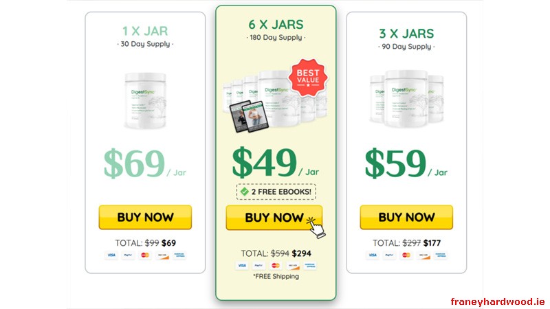 Pricing chart for DigestSync, showing the cost per bottle and savings for multi-bottle bundles.